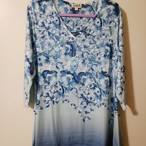 One World Knit 3/4 Sleeve Embellished Crisscross Neck 4-Point Hem Tunic